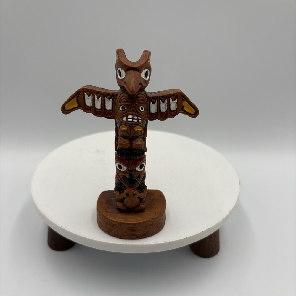Totem Pole Native Art Edmund Wolf Jr Resin Hand Painted Canadian Native 4.5"